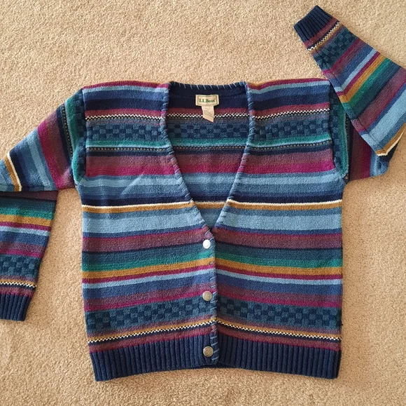 L.L. Bean Multicolor Stripe V-Neck Cardigan - Navy, Teal, Burgundy, Gold - Picture 1 of 9